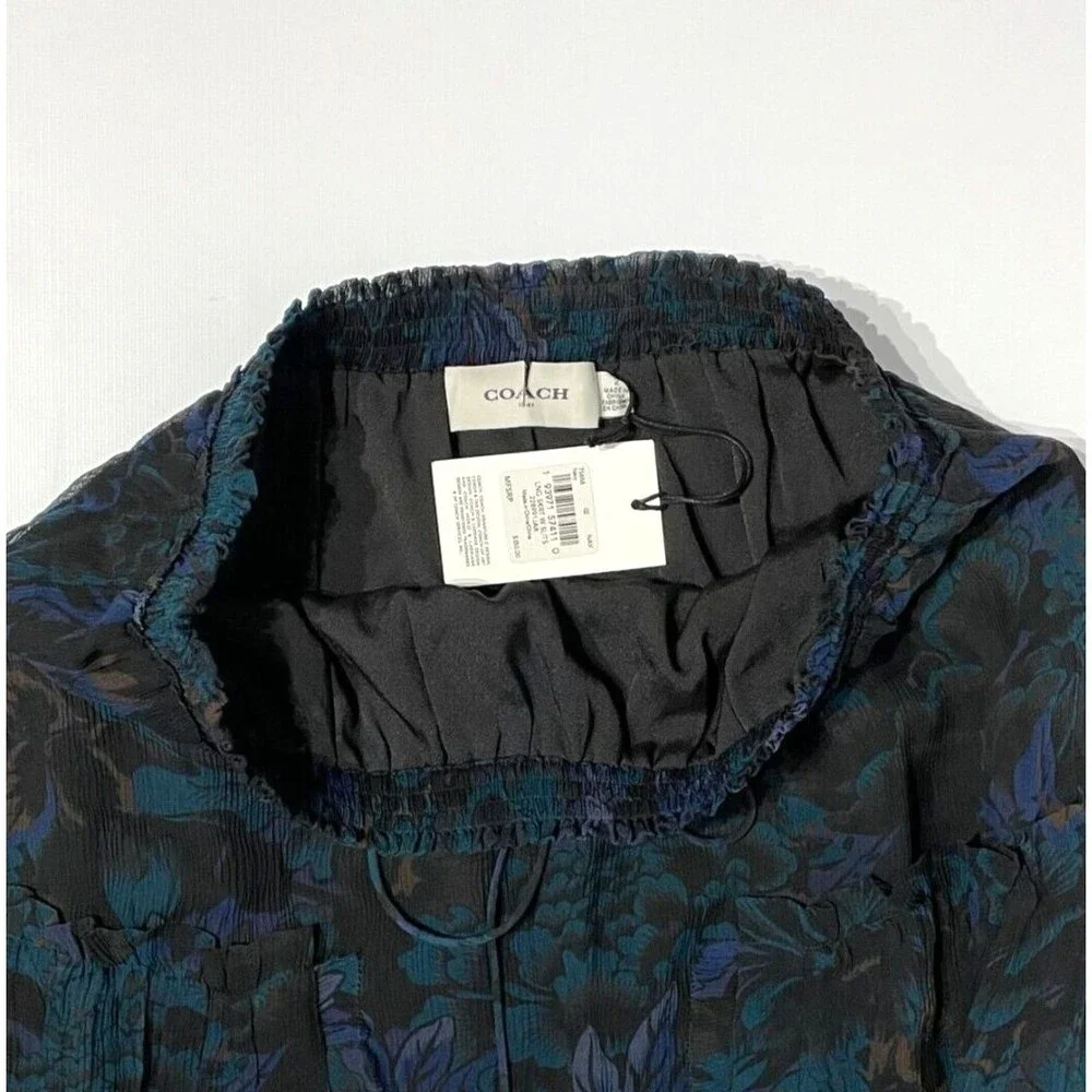NWT $350 Coach Silk Skirt Tiered Front Slits Black Blue Floral Women Size 2 (A6)